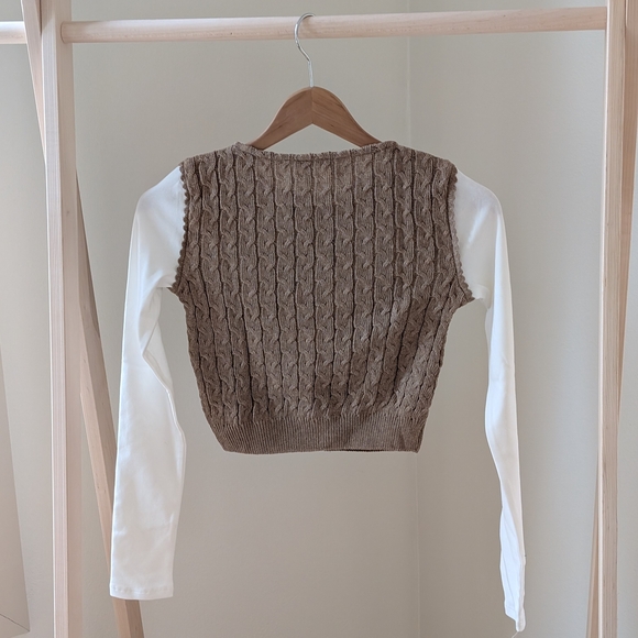 NWT Zara Contrast Cable Knit & Long Sleeve Cropped Two Piece Top In Tan - M - Picture 8 of 9